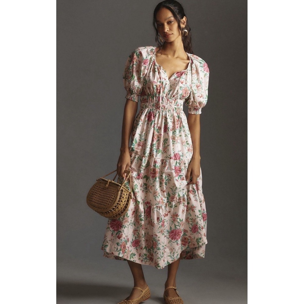 Anthropologie Med Somerset Puff Sleeve Pink Floral Cottage Romantic Maxi Dress